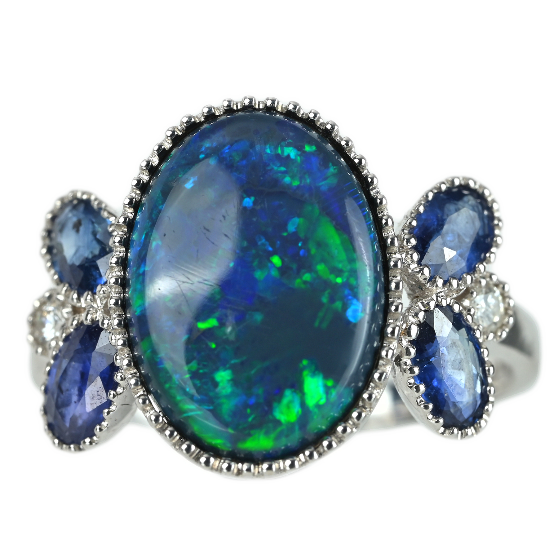 ブラックオパール·サファイアリング K18WG BO4.10ct S1.19ct D0.07ct - 画像 (2)