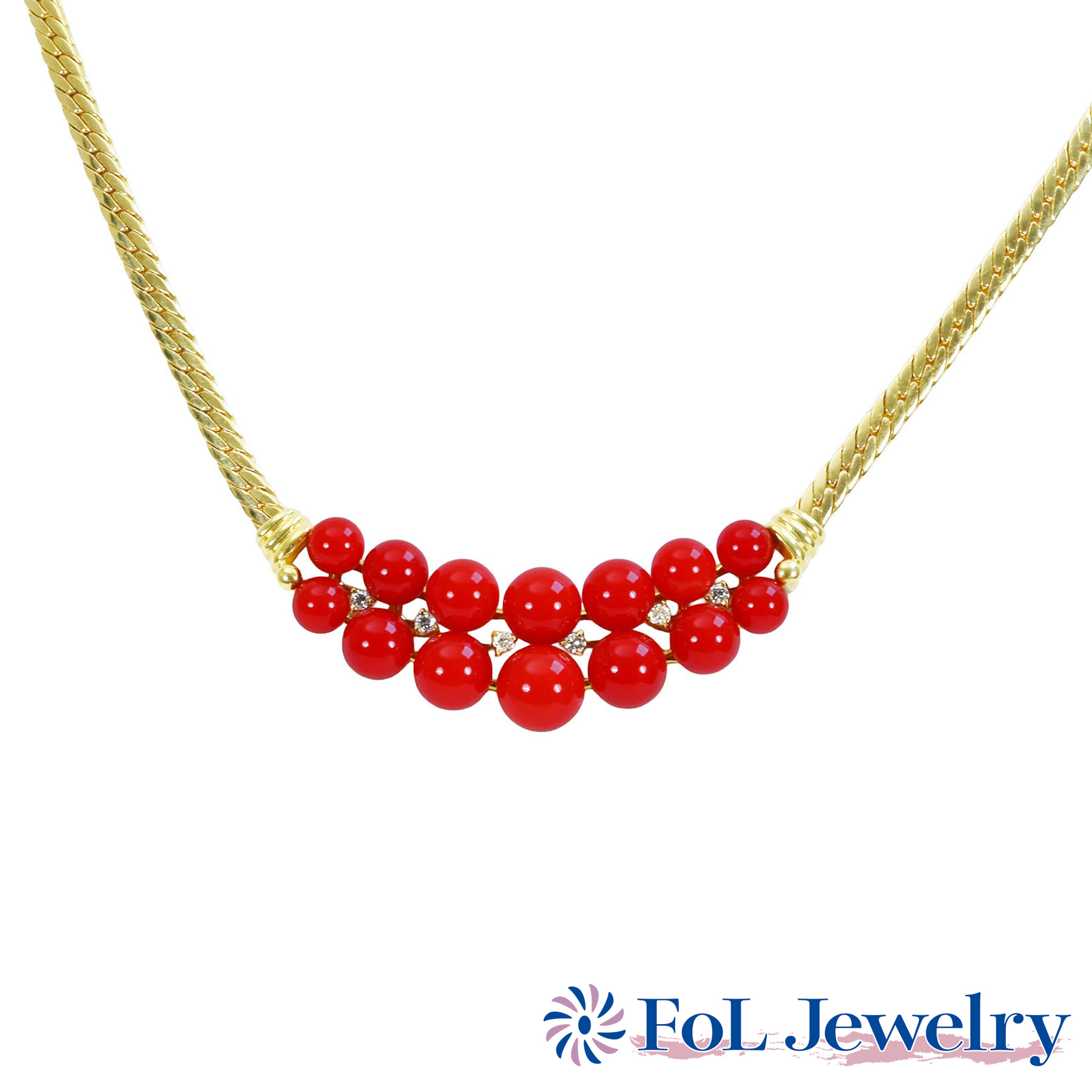 珊瑚ネックレス K18YG C4.5mm-7.5mm D0.12ct