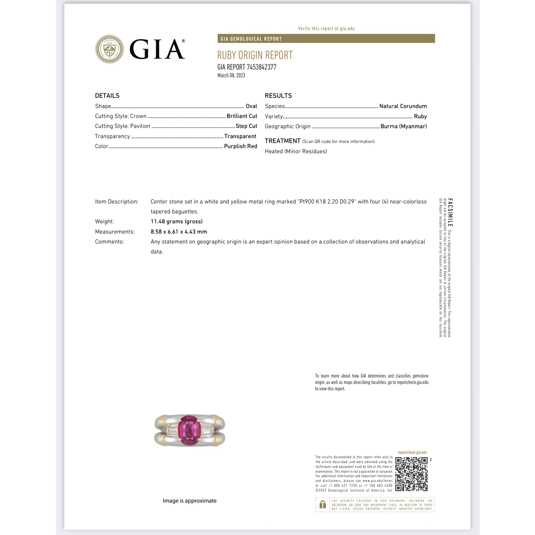 ミャンマー産ルビーリング PT900/K18YG R2.20ct D0.29ct - 画像 (7)