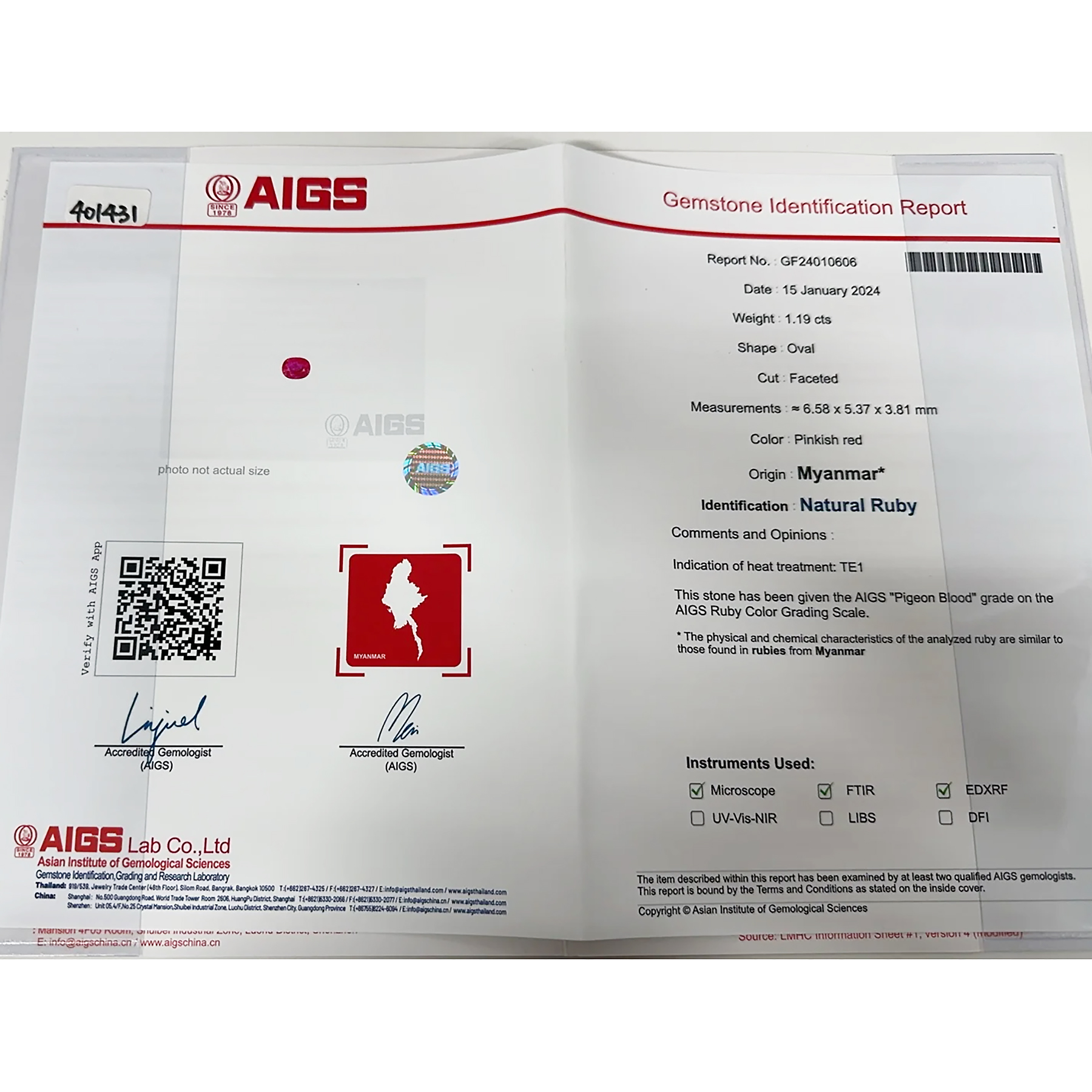 ミャンマー産ルビーリング K18WG R1.19ct D1.30ct - 画像 (7)