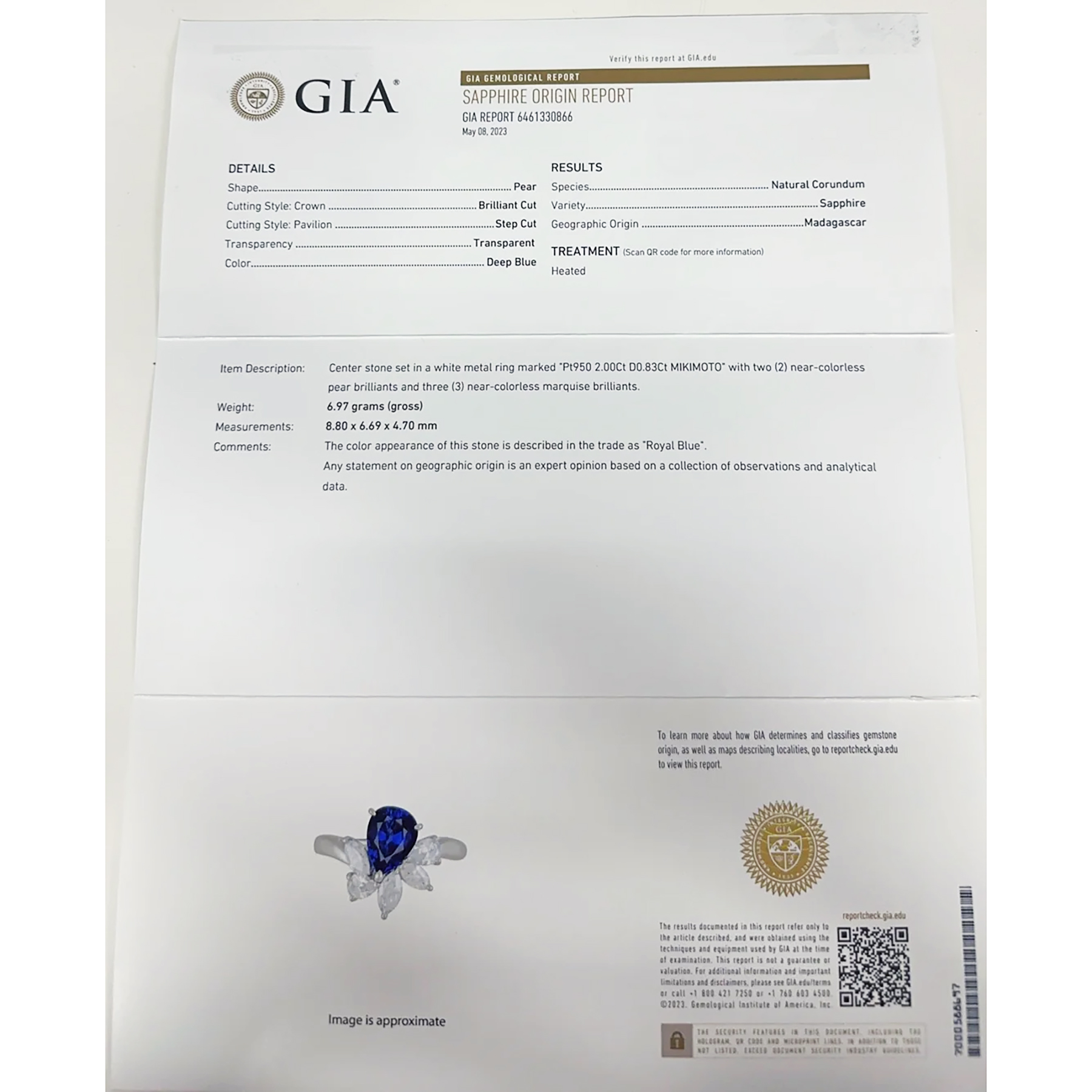 マダガスカル産サファイアリング "MIKIMOTO" PT950 S2.00ct D0.83ct - 画像 (8)